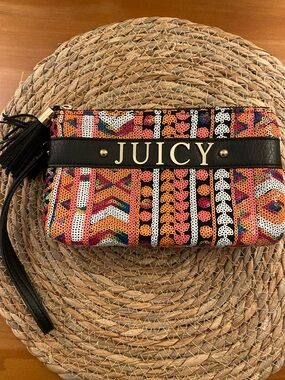 Juicy Couture Multicolor Sequined Pattern Wristlet Clutch Pouch with Black Trim